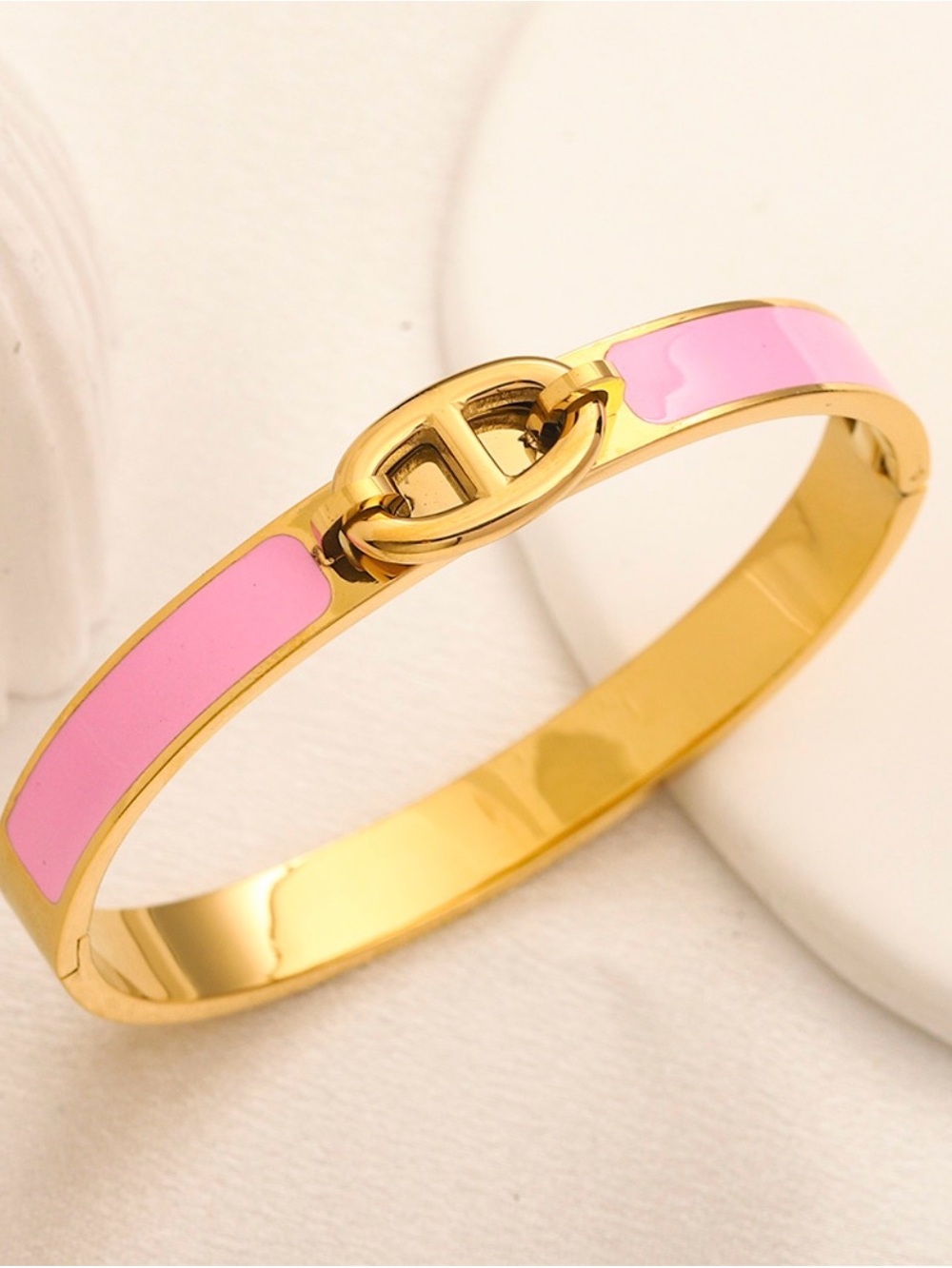 Gold-Tone Pink Enamel Anchor H Bangle Bracelet